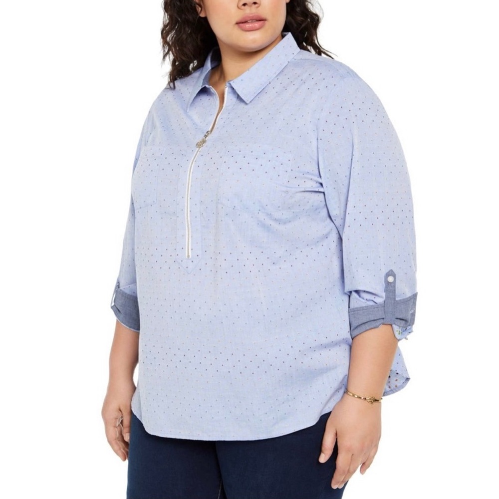Tommy Hilfiger Half Zip Logo Top Blue Multi Size 0X NWT Roll Tab